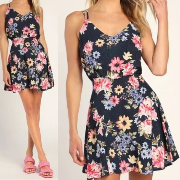Lulus Navy Floral Print Clip Dot Mini Dress - Picture 2 of 7
